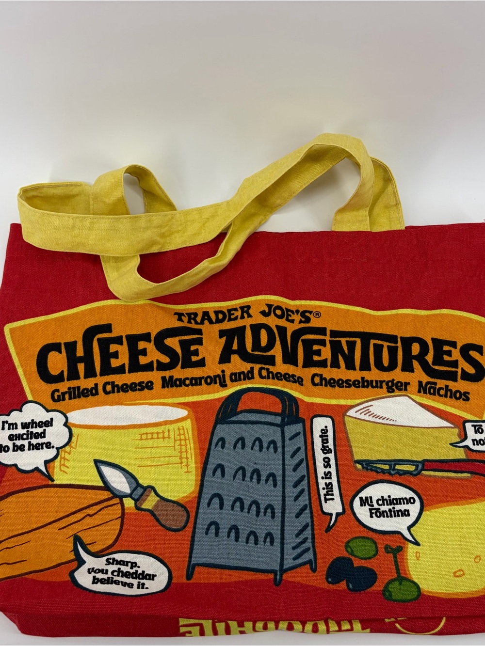 Trader Joe’s Bag Cheese Adventures Reusable Canvas Cotton Tote 13.5x18.5 NWOT